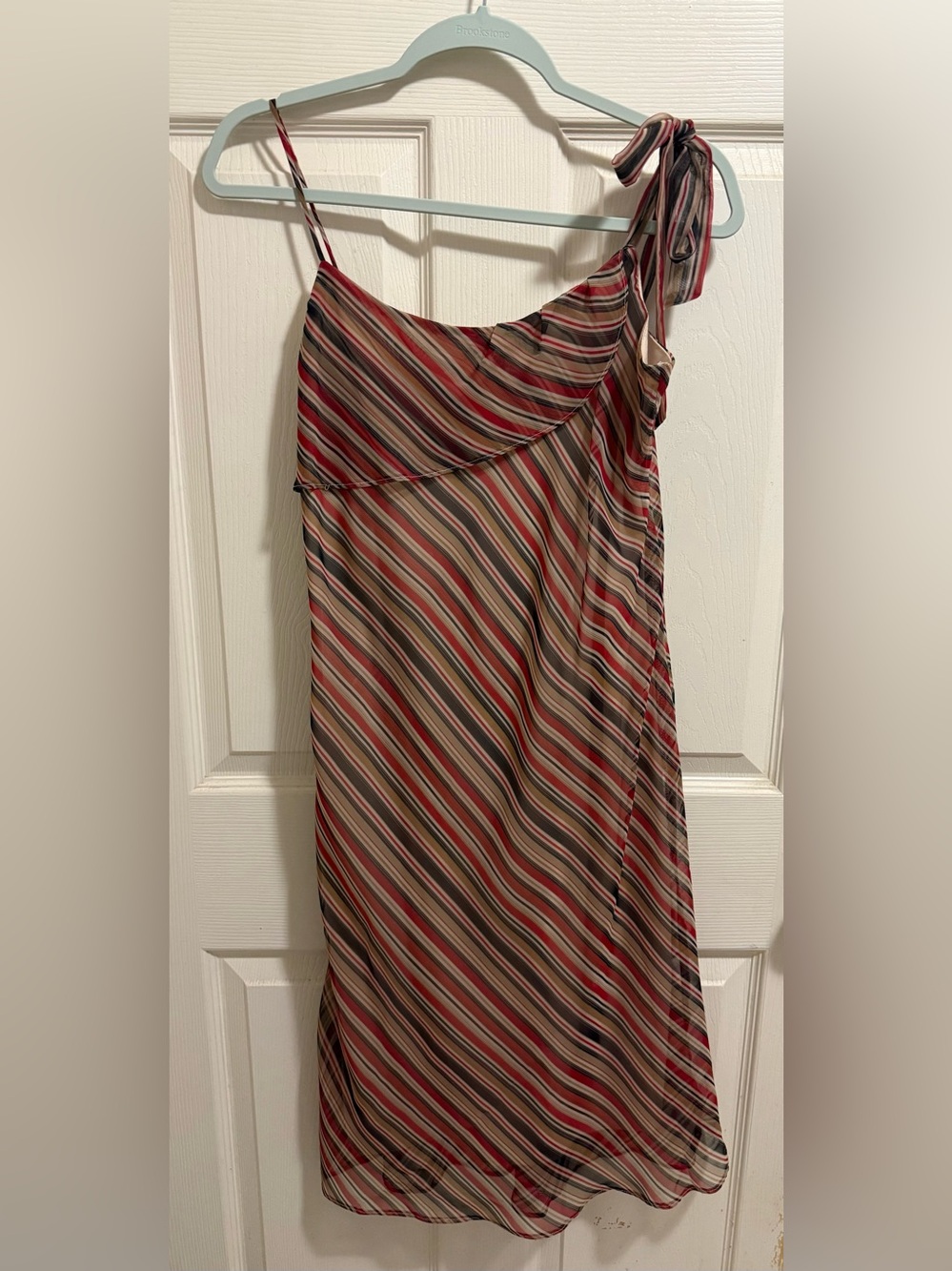 Alyn Paige One-Shoulder Striped Midi Dress in Multi Red, Brown, Cream